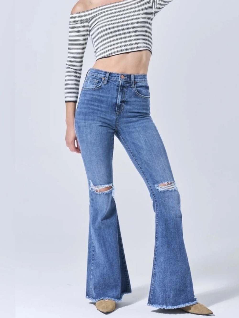 NWOT Sneak Peek Star Bottom high rise distressed flare jeans